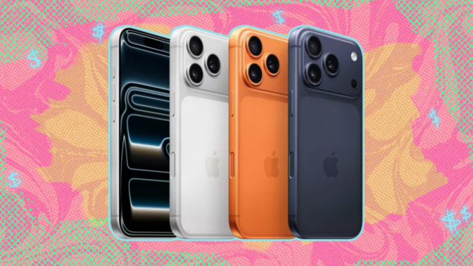 iPhone 17 pro against a colorful background. 
