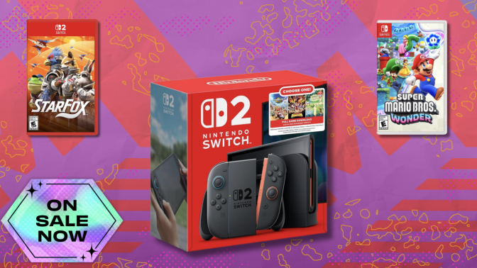 Nintendo Switch console and games on pink and purple abstract background