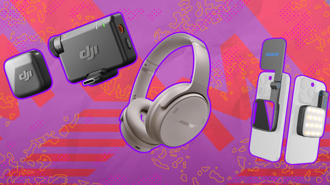 A DJI mic, Bose headphones, and Amaran phone accessory against a colorful background. 