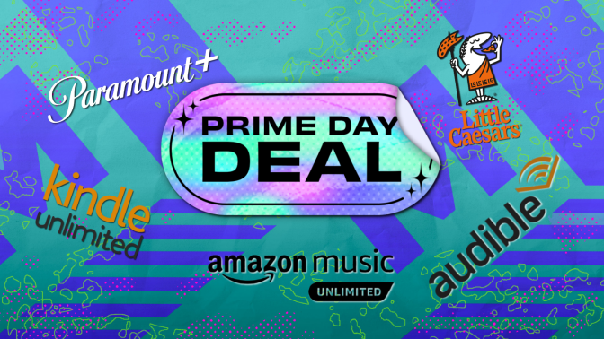 logos for Audible, Kindle Unlimited, Paramount+, Little Caesars, and Amazon music unlimited with blue and teal background and Prime Day sticker