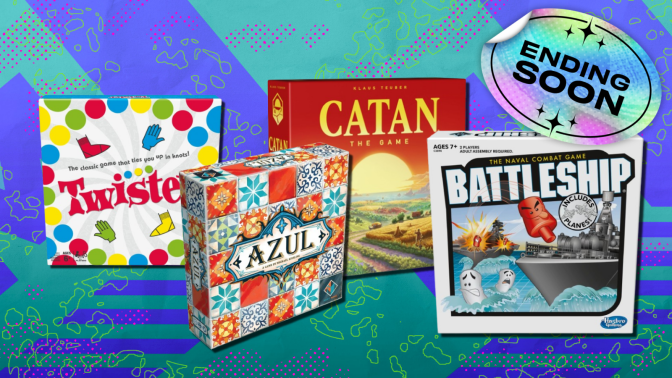 Twister, Azul, Catan, and Battleship board games with blue and teal background