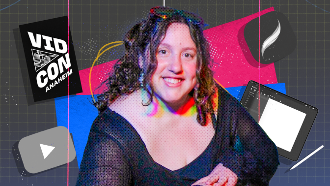 Audity (aka Audrey Hopkins) in a composite image with YouTube, Procreate and Vidcon logos. 