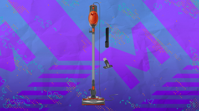 Shark Rocket Ultra-Light Corded Stick Vacuum on blue and purple abstract background