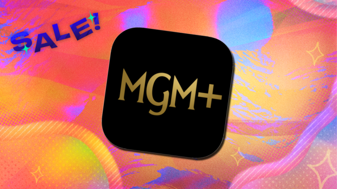 MGM+ app logo with colorful abstract background