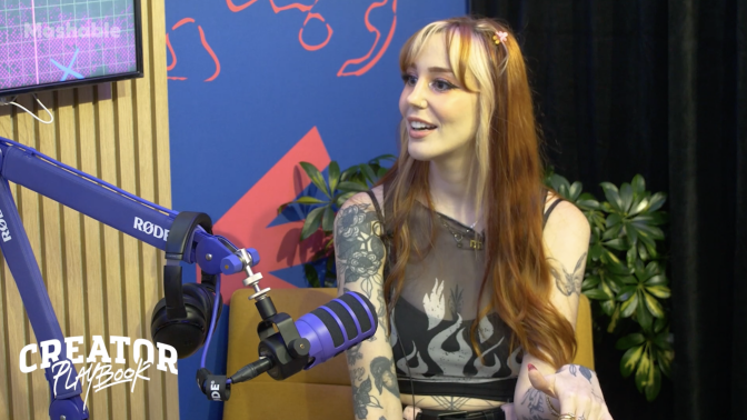 Woman interviewed in podcast space
