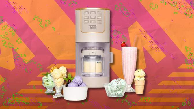 Black+Decker Ice Cream Maker on orange and black abstract background