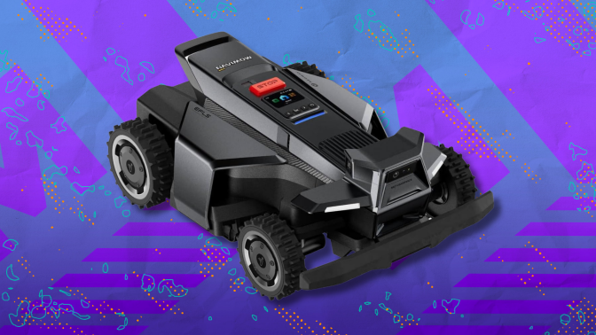 Segway Navimow X430 robot lawn mower on purple and blue abstract background