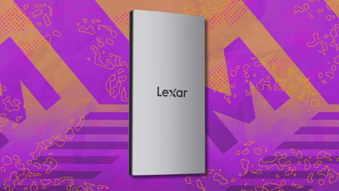 Lexar ES3 1TB External SSD on pink and gold abstract background