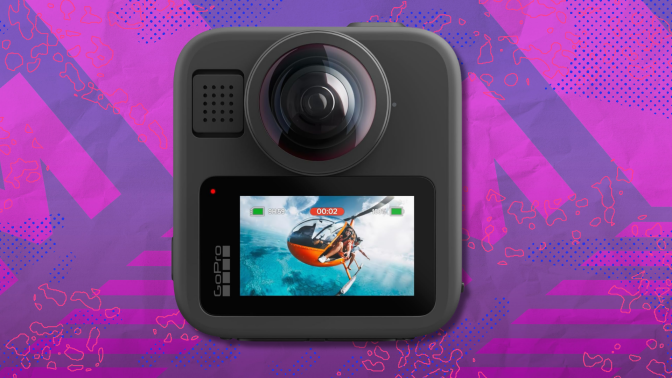 GoPro MAX2 on pink and purple abstract background
